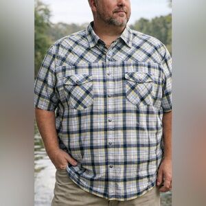 Magellan Outdoors Loose Fit Shirt Mens 3XL Blue/Yellow Plaid Snaps Fishing